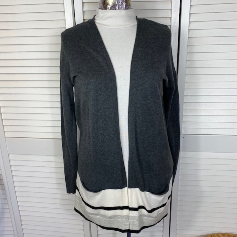 Loft Open Cardigan Sweater Gray with Stripes And Pockets XS  - S - M